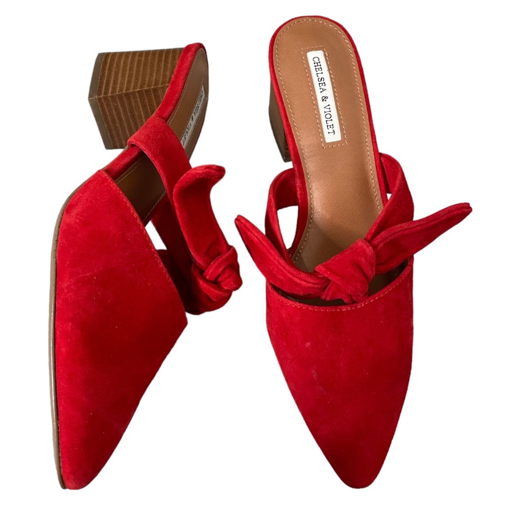 Chelsea & Violet Molly Red Leather Point Tie Bow Mule 9.5